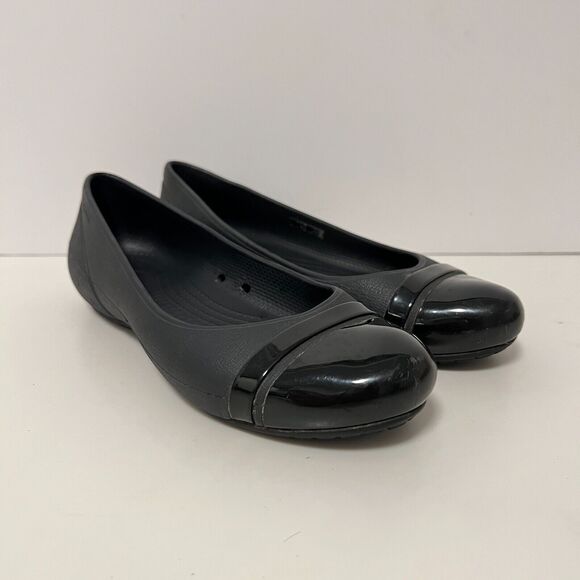 Crocs Shoes Womens 6 Black Ballet Flats Cap Toe Patent Shoes Casual Waterproof - Picture 3 of 11